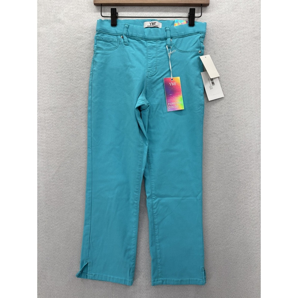 YMI Hyperstretch Crop Pants Womens Small Aqua Blue Stretch Forever Color Preppy